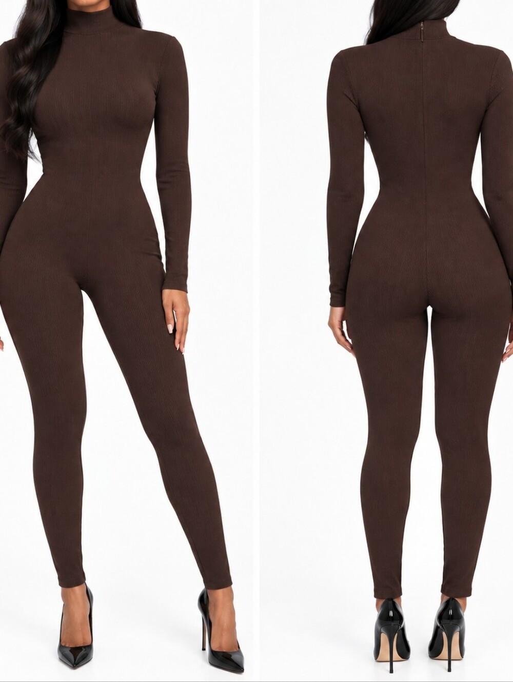Naked Wardrobe Ribbed mock neck Jumpsuit Dark Crocolate Bodycon Sz: S NWT